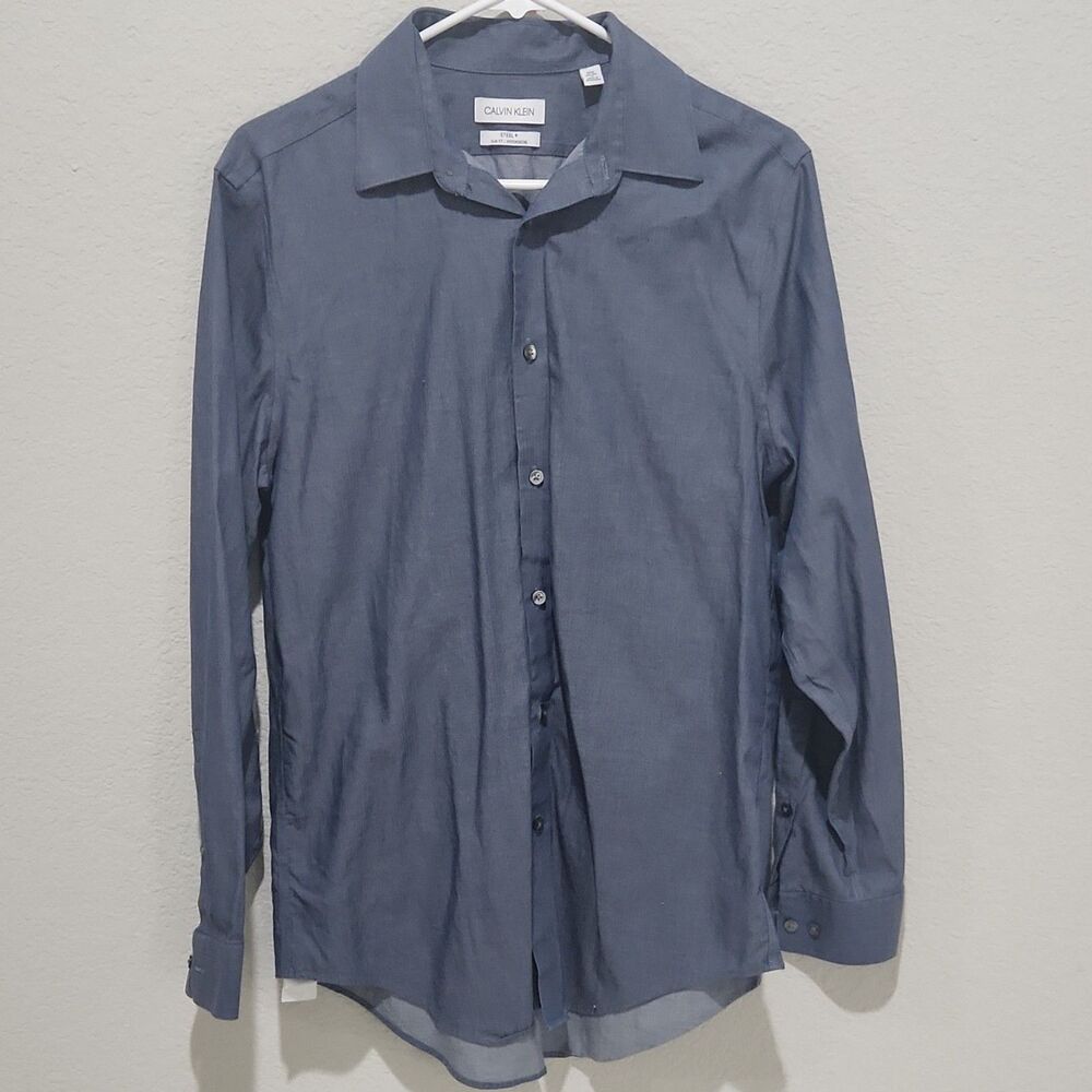 Calvin Klein Steel+ Slim Fit Blue Herringbone Dress Shirt Mens Long Sleeve